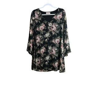 Blush Floral V-Neck Bell Sleeve Shift Dress Black Pink Rose Print Small DH9508